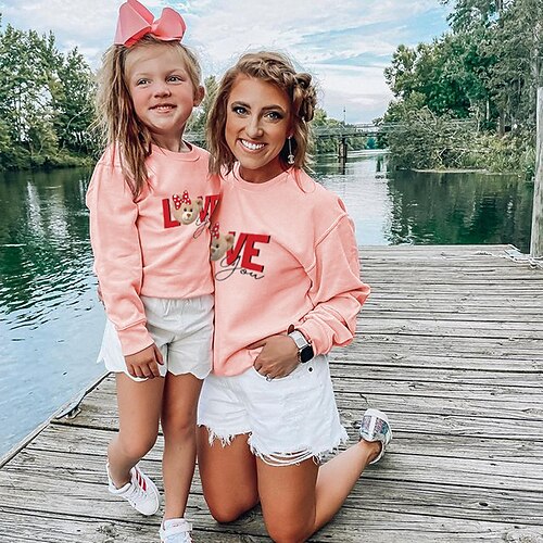 

Mommy and Me Sweatshirt Graphic Patterned Bear Letter Daily Print Pink Long Sleeve Daily Matching Outfits