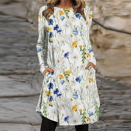 

Women's Shift Dress Knee Length Dress White Blue Red Long Sleeve Floral Pocket Print Fall Spring Crew Neck Casual Vacation 2022 S M L XL XXL 3XL