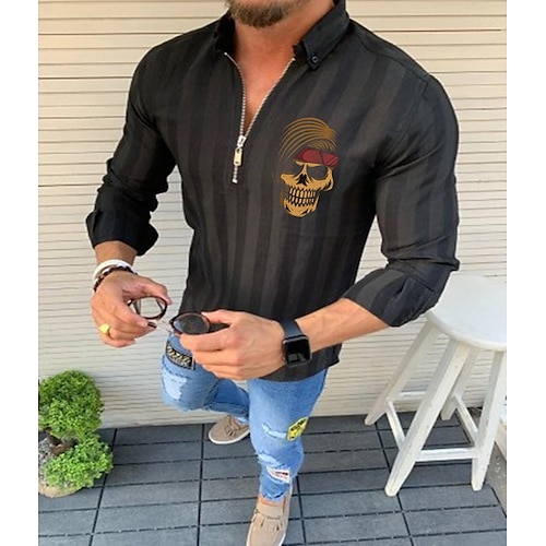 

Men's Shirt Striped Solid Color Skull Turndown Street Casual Zipper Half Sleeve Tops Designer Casual Fashion Breathable White Black Red / Summer