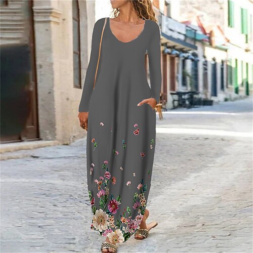 

Women's Shift Dress Maxi long Dress Green Blue Gray Purple Red Long Sleeve Floral Pocket Print Fall Spring V Neck Casual 2022 XS S M L XL XXL 3XL 4XL 5XL 6XL