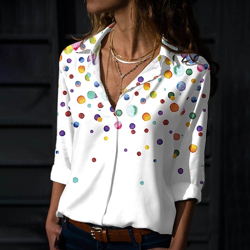 

Women's Shirt Blouse White Polka Dot Button Print Long Sleeve Daily Weekend Streetwear Casual Shirt Collar Regular S