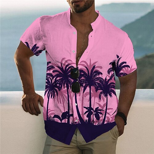 

Men's Shirt Graphic Shirt Coconut Tree Stand Collar Pink 3D Print Outdoor Casual Short Sleeve Button-Down Print Clothing Apparel Fashion Designer Casual Comfortable / Sports