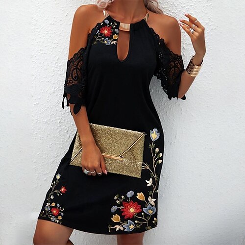 

Mujer Vestido de cambio Mini vestido Negro Blanco Rojo Manga Corta Floral Encaje Primavera Verano Cuello halter Elegante Fin de semana Holgado 2023 S M L XL 2XL