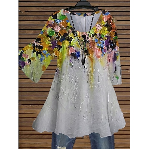 

Women's Plus Size Tops Blouse Shirt Floral Print 3/4 Length Sleeve Crewneck Streetwear Daily Holiday Cotton Spandex Jersey Fall Winter Blue Yellow