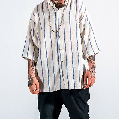 

Men's Shirt Striped Stand Collar Street Daily Button-Down Half Sleeve Tops Casual Fashion Comfortable Beach White