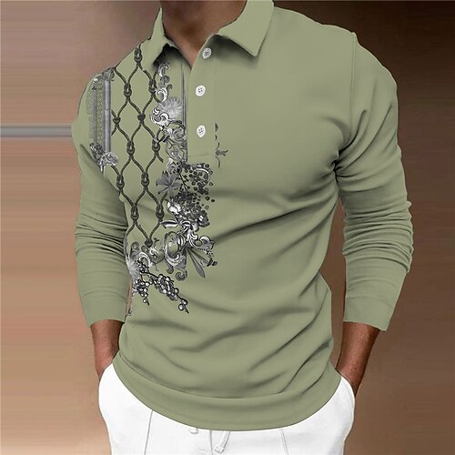 

Men's Collar Polo Shirt Golf Shirt Floral Geometry Turndown Green 3D Print Casual Daily Long Sleeve Button-Down Print Clothing Apparel Fashion Designer Casual Breathable / Sports
