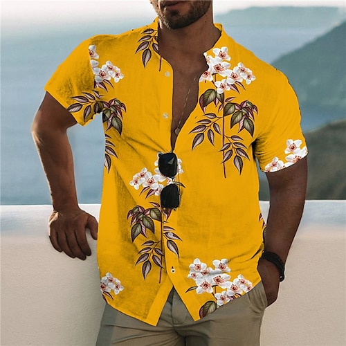 

Men's Shirt 3D Print Coconut Tree Stand Collar Casual Daily Button-Down Print Short Sleeve Tops Designer Casual Fashion Comfortable Yellow