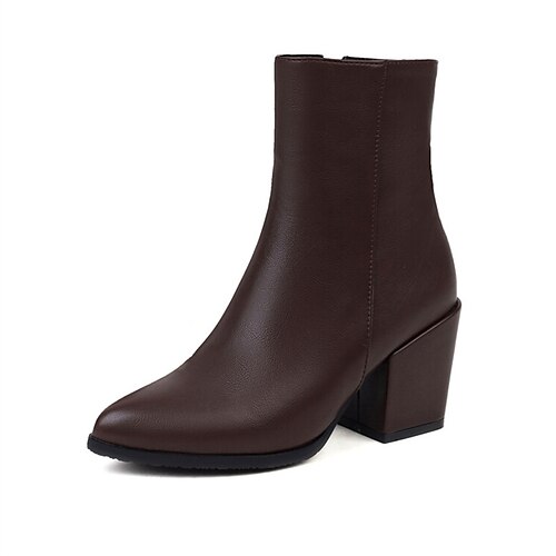 

Women's Boots Daily Booties Ankle Boots Winter Chunky Heel Pointed Toe Minimalism PU Leather Zipper Solid Colored Black Brown Beige