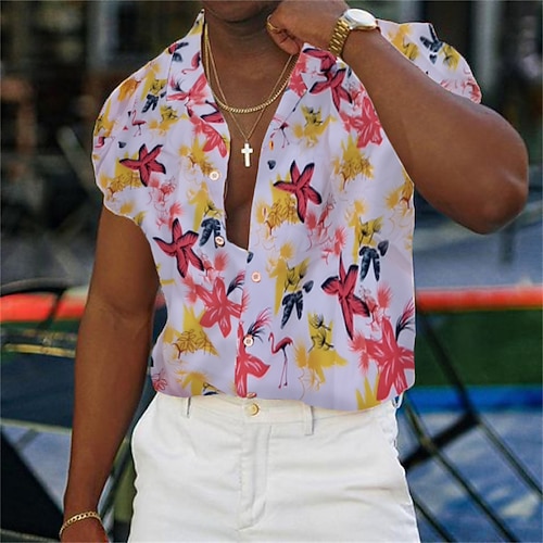 

Men's Shirt Graphic Shirt Floral Turndown Yellow 3D Print Outdoor Street Short Sleeve 3D Button-Down Clothing Apparel Fashion Designer Casual Breathable