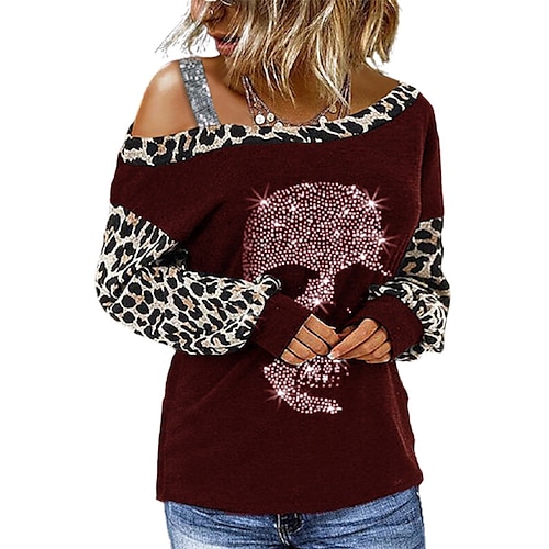 

Women's T shirt Tee Leopard Skull Casual Weekend T shirt Tee Long Sleeve Cold Shoulder Rhinestone Print One Shoulder Basic Essential Blue Gray Wine S