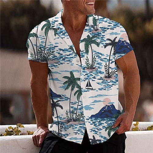 

Men's Shirt 3D Print Coconut Tree Turndown Street Casual Button-Down Print Short Sleeve Tops Designer Casual Fashion Breathable Blue / Summer