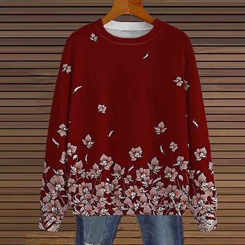 

Women's Plus Size Tops Pullover Sweatshirt Floral Print Long Sleeve Round Neck Streetwear Daily Vacation Polyester Fall Winter Green Wine