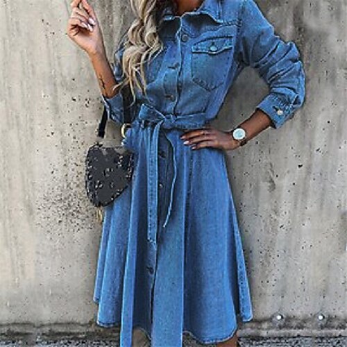 

Women's Denim Dress Midi Dress Light Blue Long Sleeve Pure Color Patchwork Winter Fall Autumn Shirt Collar Winter Dress Fall Dress S M L XL