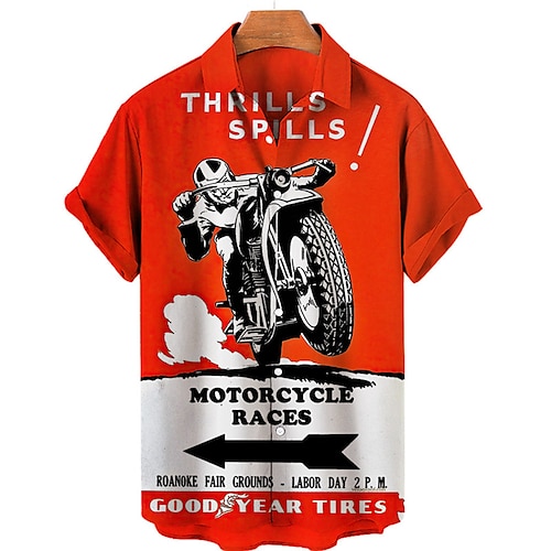 

Men's Shirt 3D Print Motorcycle Letter Turndown Street Casual Button-Down Print Short Sleeve Tops Casual Fashion Hawaiian Breathable Red / Summer / Spring / Summer