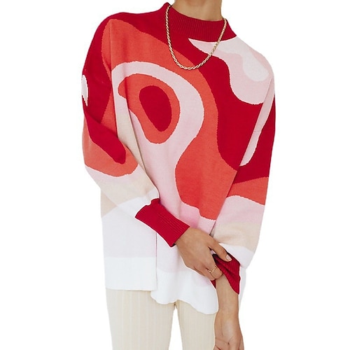 

Women's Pullover Sweater Jumper Crochet Knit Knitted Color Block Turtleneck Stylish Casual Daily Holiday Fall Winter Red S M L / Long Sleeve