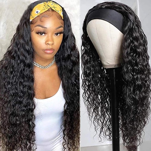 

Human Hair Wig Water Wave With Headband Natural Black Adjustable Easy to Carry Natural Hairline Machine Made Brazilian Hair Women's Natural Black #1B 14 inch 16 inch 18 inch Party / Evening Daily