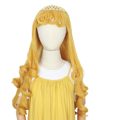 

Yan Dream Princess Aurora Wig for Kids Girls Golden Long Curly Wig with Bangs Cosplay Wig with Crown
