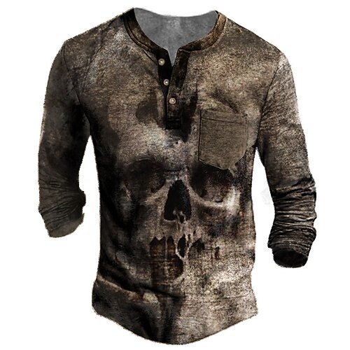

Men's Henley Shirt Tee T shirt Tee 3D Print Graphic Patterned Skull Henley Daily Sports Button-Down Print Long Sleeve Tops Designer Basic Casual Classic Coffee
