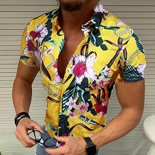 

Homens Camisa Social Camisa Gráfica Camiseta Aloha Gráfico Floral Aberto para a Lateral Amarelo Festa Ao ar livre Manga Curta Botão para baixo Roupa Designer Casual