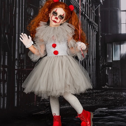 

Kids Girls' Pennywise It Clown Killer Clown Cosplay Costume Dress Performance Lace Pleated Mesh Gray Midi Short Sleeve Costume Sweet Dresses Halloween Regular Fit 3-12 Years