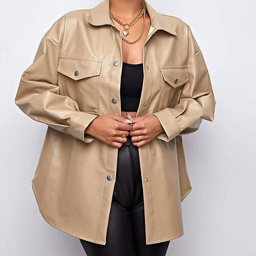 

Women's Faux Leather Jacket Regular Pocket Coat Black Khaki Chic Modern Street Fall Single Breasted Turndown Regular Fit S M L XL XXL 3XL