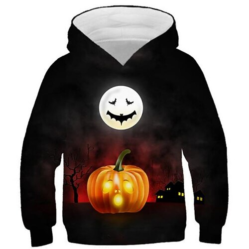 

Kids Boys Halloween Hoodie Skull Outdoor 3D Print Long Sleeve Pocket Active 3-13 Years Fall Black
