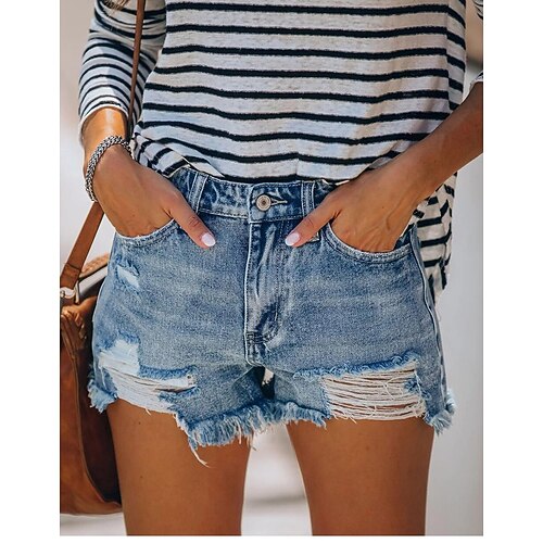 

Women's Jeans Shorts Denim Light Blue Navy Mid Waist Fashion Casual Weekend Side Pockets Cut Out Micro-elastic Short Comfort Solid Color S M L XL XXL