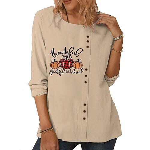 

Women's T shirt Tee Pumpkin Daily T shirt Tee Long Sleeve Print Round Neck Basic Essential Loose Blue Khaki Navy Blue S