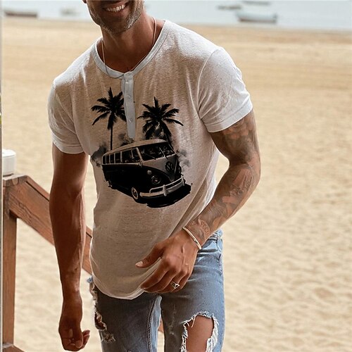 

Men's Henley Shirt Tee T shirt Tee Graphic Patterned Car Coconut Tree Henley Daily Sports Button-Down Print Short Sleeve Tops Designer Basic Casual Classic White / Summer / Summer