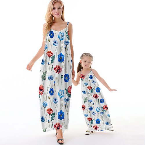 

Mommy and Me Dresses Floral Causal Backless Blue Sleeveless Maxi Strap Dress Active Matching Outfits