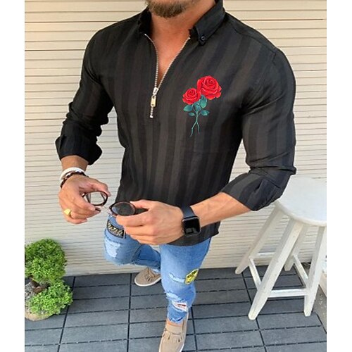 

Men's Shirt Striped Solid Color Rose Turndown Street Casual Zipper Half Sleeve Tops Designer Casual Fashion Breathable White Black Red / Summer