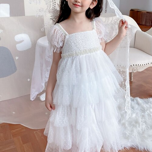 

Kids Little Girls' Dress Polka Dot A Line Dress Daily Holiday Pleated Lace White Midi Short Sleeve Princess Sweet Dresses Summer Regular Fit 1pcs 3-10 Years