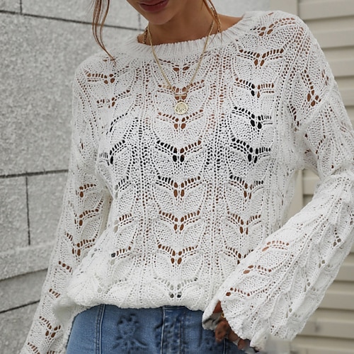 

Women's Pullover Sweater Jumper Crochet Knit Hollow Out Knitted Pure Color Crew Neck Stylish Casual Going out Outdoor Drop Shoulder Fall Winter Red Brown Green S M L / Long Sleeve / Regular Fit