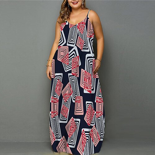 

Women's Plus Size Curve Shift Dress Geometric Round Neck Sleeveless Spring Summer Casual Maxi long Dress Daily Vacation Dress