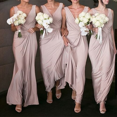 

A-Line Bridesmaid Dress V Neck Sleeveless Elegant Floor Length Spandex with Ruching / Solid Color 2022