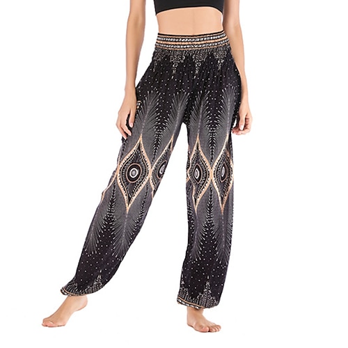 

Women's Hip-Hop Hippie Joggers Harem Pants Pocket High Cut Print Full Length Pants Casual Weekend Micro-elastic Feather Comfort High Waist Green Black Purple Red One-Size / Boho