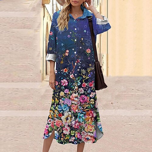 

Women's Shift Dress Midi Dress White Blue 3/4 Length Sleeve Fall Floral Button Print Fall Spring Shirt Collar Casual Fashion 2022 S M L XL XXL 3XL