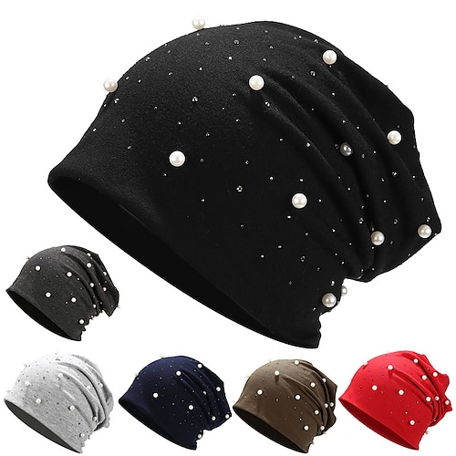 

Soft Cotton Autumn Spring Beanie Hats Women Girls Pearl Rhinestones Warm Skullies Caps Turban Bonnet Hat Female Ladies