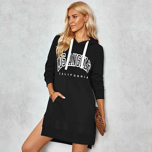 

Women's Hoodie Dress Green Black Blue Long Sleeve Letter Pocket Print Fall Winter Hooded Casual S M L XL