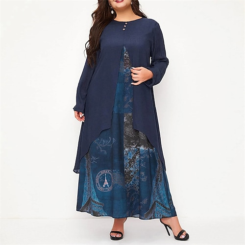 

Women's Plus Size Casual Dress Print Crew Neck Split Long Sleeve Fall Spring Casual Maxi long Dress Daily Date Dress / Cotton