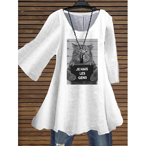 

Women's Plus Size Tops Blouse Shirt Cat Letter Print 3/4 Length Sleeve Crewneck Streetwear Daily Holiday Cotton Spandex Jersey Fall Spring White