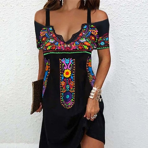 

Women's A Line Dress Short Mini Dress Black Short Sleeve Floral Cold Shoulder Print Spring Summer Spaghetti Strap Vintage Boho 2022 S M L XL XXL