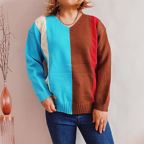 

Women's Pullover Sweater Jumper Cable Knit Knitted Color Block V Neck Stylish Casual Daily Going out Fall Winter Green Blue S M L / Long Sleeve