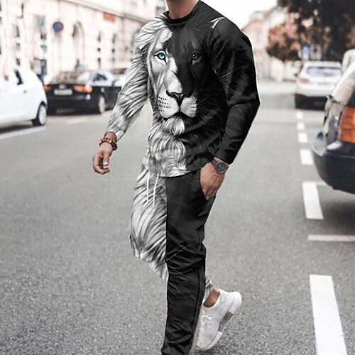 

Men's Tracksuit Hoodies Set Graphic Patterned Color Block Animal 2 Piece Print Sports Outdoor Casual Sports 3D Print Sportswear Basic Essential Hoodies Sweatshirts Black And White Black Blue