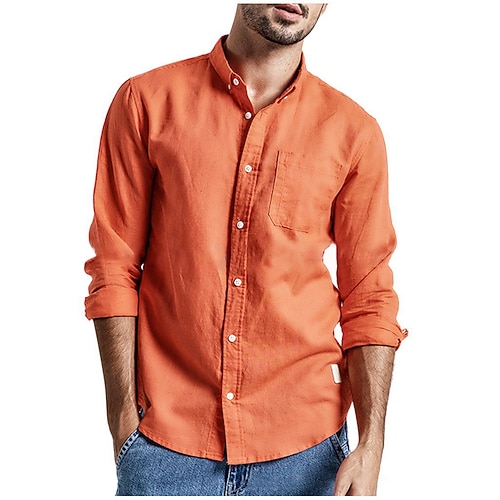 

Men's Shirt Solid Color Standing Collar Orange Street Daily Long Sleeve Button-Down Clothing Apparel Fashion Casual Breathable Comfortable / Beach