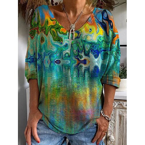 

Women's T shirt Tee Green Graphic Print 3/4 Length Sleeve Casual Daily Basic V Neck Regular Abstract S / 3D Print