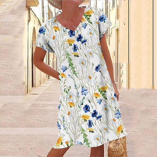 

Women's Casual Dress Shift Dress White Short Sleeve Floral Print Spring Summer V Neck 2022 S M L XL XXL 3XL