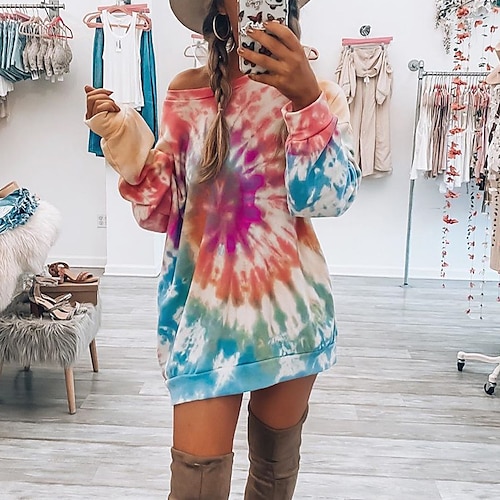 

Women's A Line Dress Short Mini Dress Green Purple Red Long Sleeve Tie Dye Print Fall Winter Crew Neck Stylish Casual 2022 S M L XL XXL 3XL