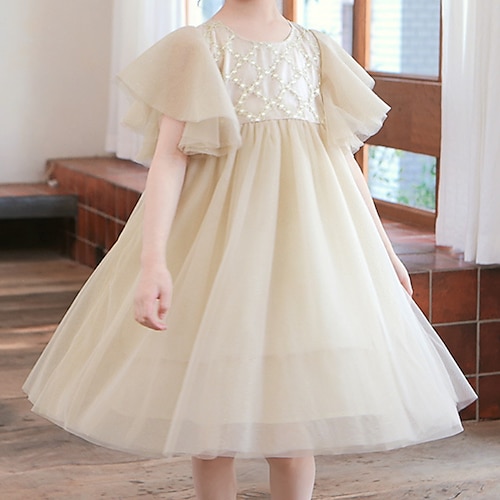 

Kids Girls' Dress Solid Colored Short Sleeve Daily Vacation Cute Beautiful Cotton Asymmetrical A Line Dress Tulle Dress Summer Spring 4-13 Years Beige