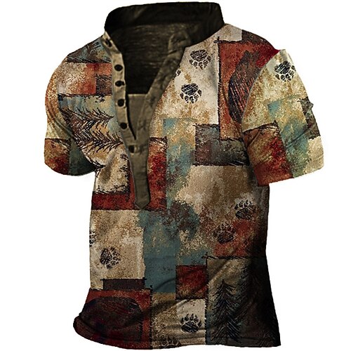 

Men's Henley Shirt Tee T shirt Tee 3D Print Graphic Patterned Paw Stand Collar Daily Sports Button-Down Print Short Sleeve Tops Basic Casual Classic Big and Tall Brown / Summer / Summer